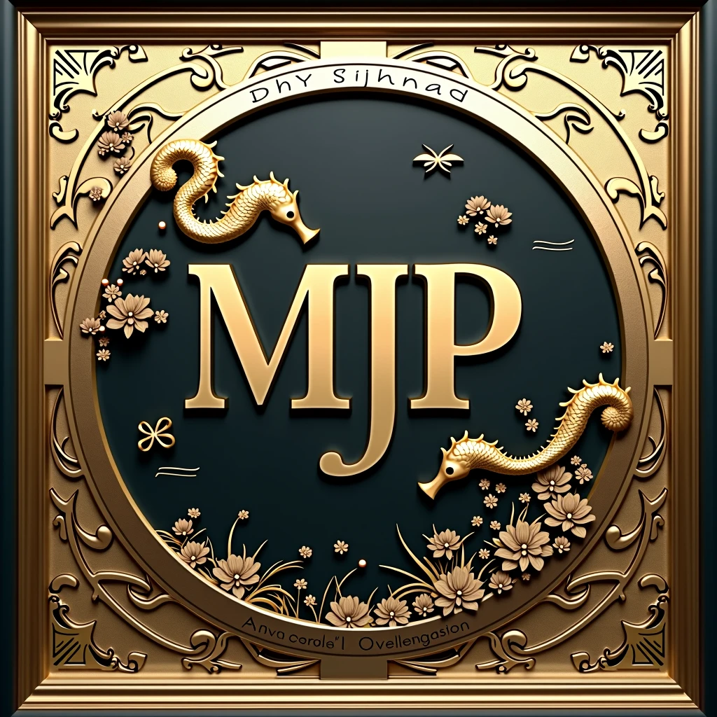 A logo design was created with the letters MJP in the center.。Japanese floating painting style、Seahorse Design. Japanese style、Japanese-style、high quality, A luxurious image. In the center is a map of Japan、Malaysia map hidden..
All designs are housed in luxurious gold frames