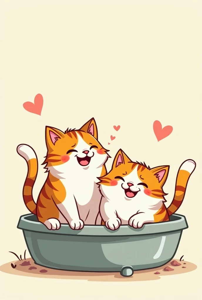 Two cats sitting in a litter box and doing their business. Cartoon Style. Cats are happy.