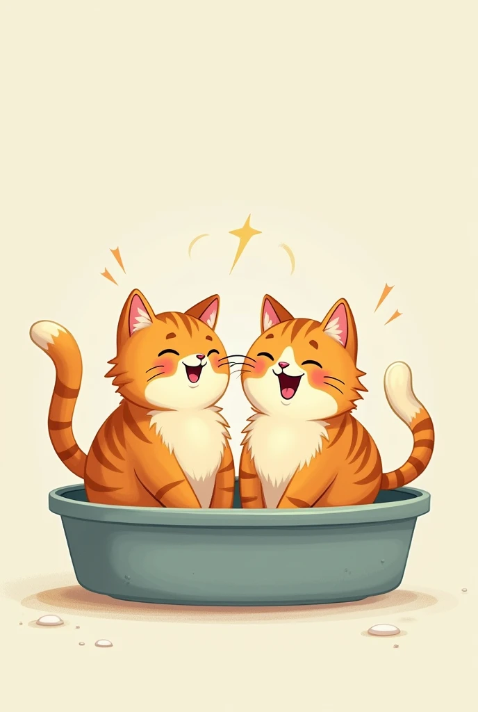 Two cats sitting in a litter box and doing their business. Cartoon Style. Cats are happy.