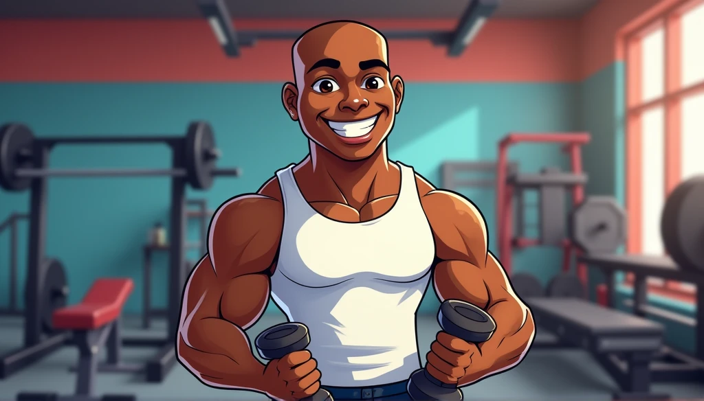 （logo coach Lucio） pixar style cartoon logo promoting logo Coach Lucio an 1  bald black man confident smile, white tank top, holding dumbbells, gym background , evoking a sense of energy, strength, and motivation, physique 
 uma academia com barra e banco, academia local, academia suja, Academia suja e escura, Antecedentes da academia, na Academia, cottagecore!! corpo fitness, foto tirada em 2 0 2 0, trabalhando fora, foto tirada de longe, anel, Transformação intermediária, por Petr Brandl, academia, estilo anime!!!