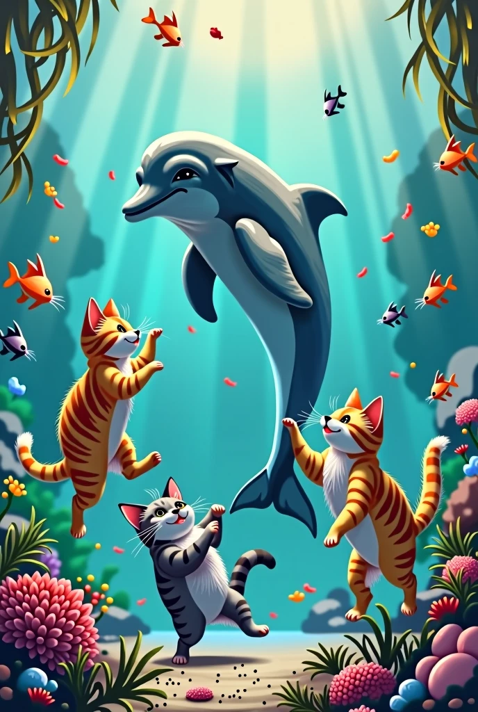 Plusieurs chats jouent avec un dauphin