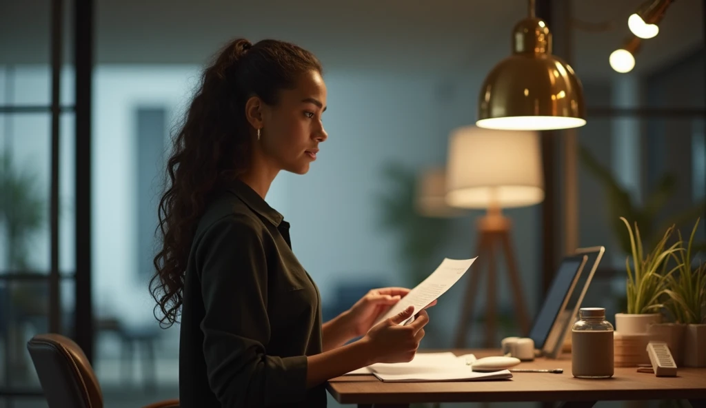 Career vs Love: Simmi receiving a major job offer with excitement but also a hint of sadness as she realizes it means leaving Ravi behind, set in a modern office or design studio.