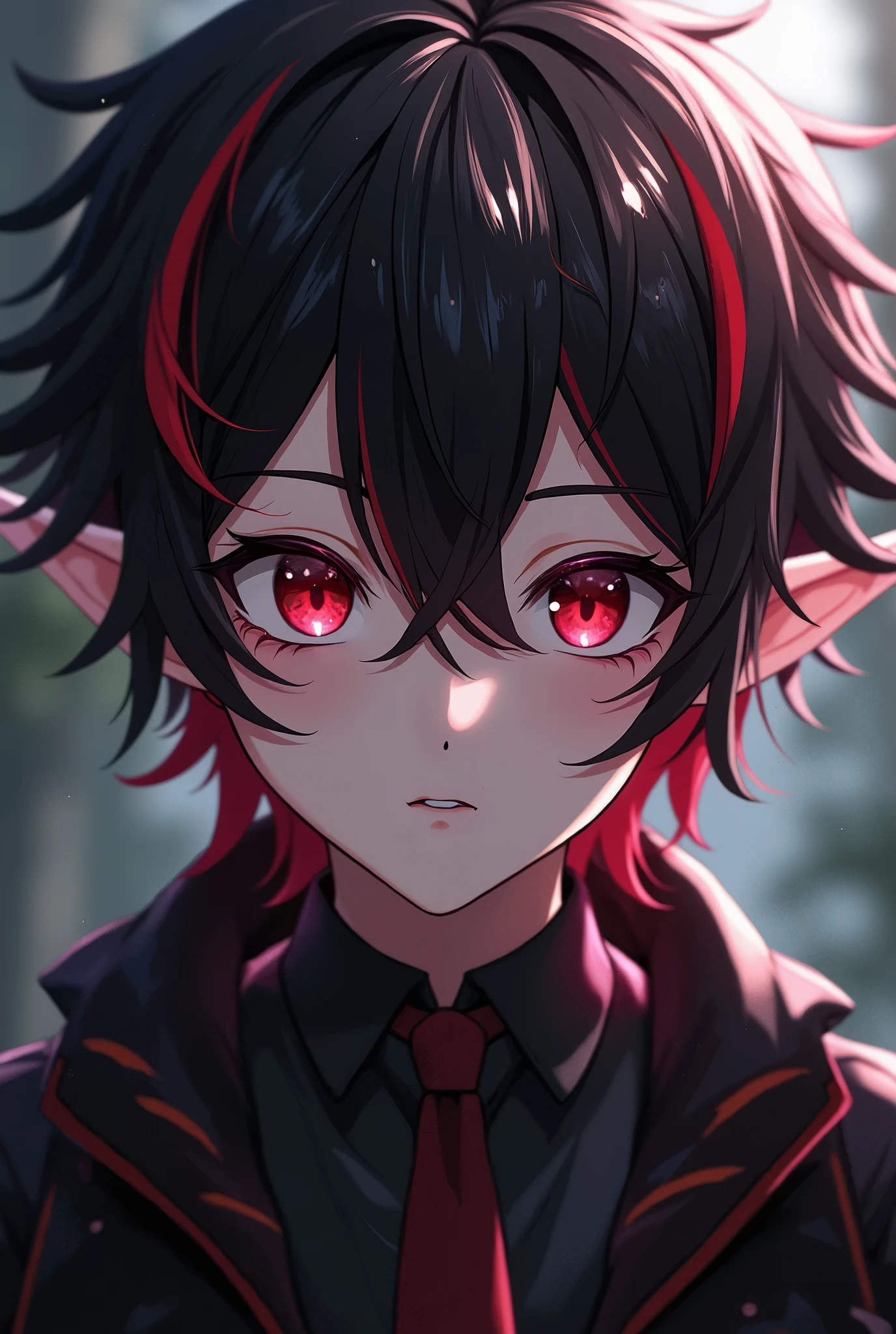 ,Lilia Vanrouge Twisted Wonderland,One boy,Black Hair, Striped red hair,Multicolored Hair,Dark red eyes,Pointed Ears, Male Focus, View your viewers,Highest quality, 8K