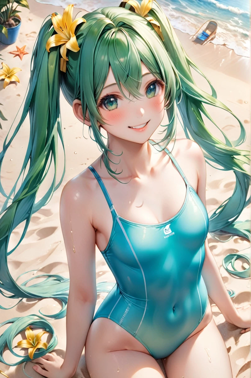 One beautiful girl、Hatsune Miku、、Small breasts, B cup、How tall are you172㎝、Weight is45㎏、Slim figure、、Wearing a blue one-piece swimsuit、Her posture is as beautiful as a lily、Active on the sandy beach、/She is work on the beech./Green Eyes、long green hair、laugh、Very cute smile、Look at me with a gentle gaze and say hello、The work is shot from above、A worldview centered around girls、draw in detail、A girl1background4Draw at a ratio of、4K、8K、Highest quality、Altitude Resolution、Ultimate Painting、Highly original works