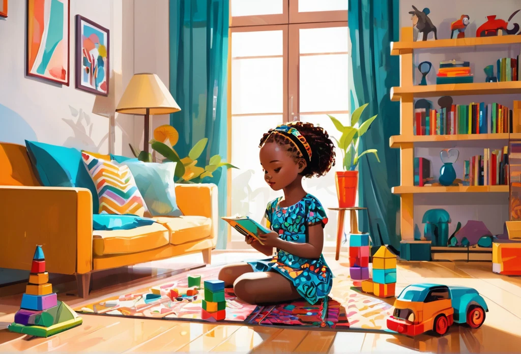   girl sitting on the floor, playing with her building toy in a nice modern sitting room,
African (masterpiece best quality:1.2) delicate illustration ultra-detailed, illustrations, bright, colourful, 