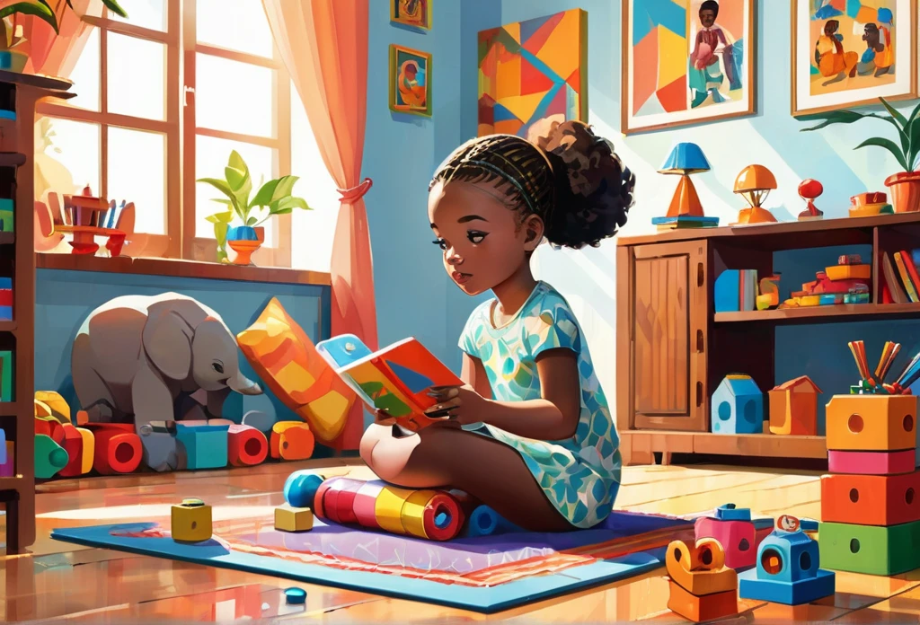 girl sitting on the floor, playing with her building toy in a nice modern sitting room,
African (masterpiece best quality:1.2) delicate illustration ultra-detailed, illustrations, bright, colourful,