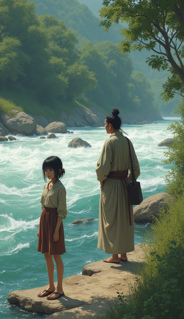 Scene: A riverbank with rushing water. A young woman in distress stands near the edge, looking worried.
Character Description: The young woman, dressed in simple village clothes, appears anxious about crossing the river. The monk approaches her calml