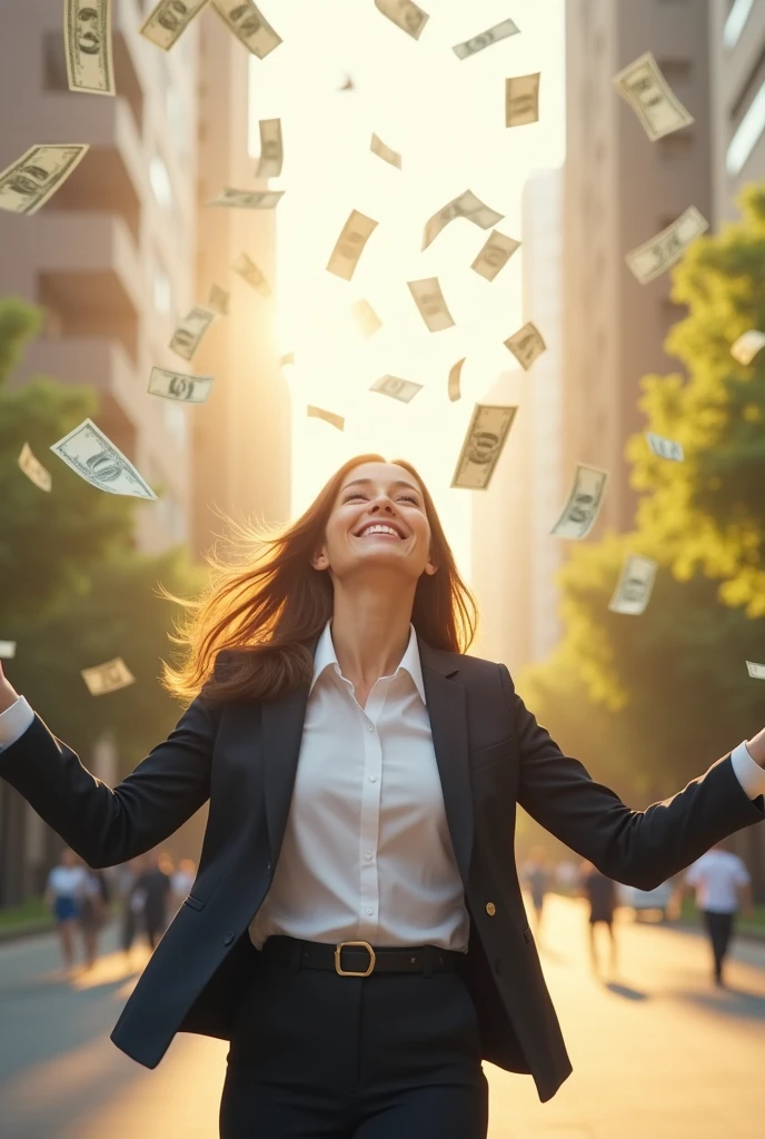 A beautiful woman wearing a work outfit smiles happily, looks up, spreads her arms, and waits to receive money, which is falling from the sky in large amounts.
