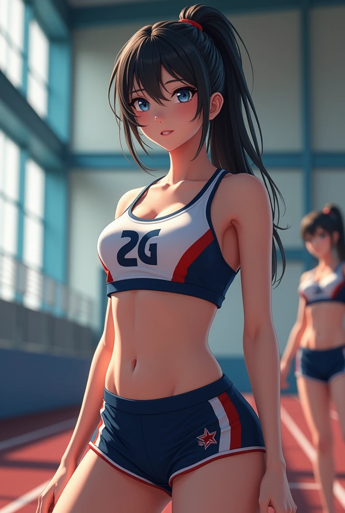 masterpiece、highest quality、Highest quality、Beautiful woman、Hairstyle: Ponytail、Beautiful body:Beautiful Skin、Track and field uniform:Sports Bra:Racing Shorts、Bloomers、Women's Track & Field、Realistic texture、