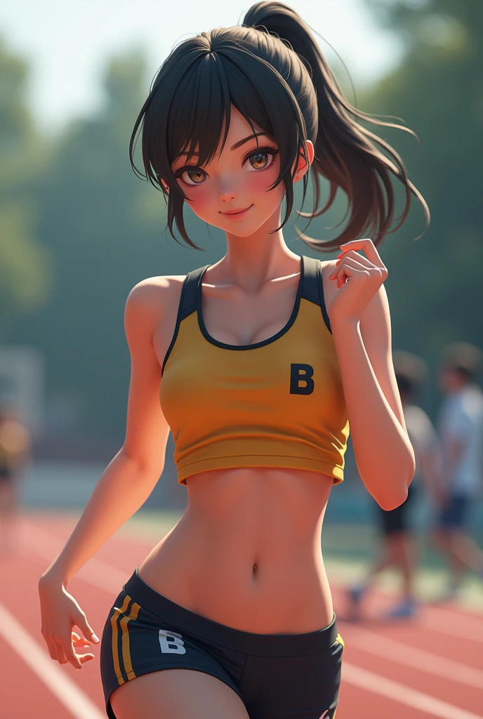 Track and field club、Female university student、1、Japanese、Cute face like an idol、Track and field clubユニフォーム、Sweating、Uniforms that expose a lot of skin、sexy、ponytail、I have a little muscle、The abdominal muscles are lightly cracked、(best quality,4K,8k,highres,masterpiece:1.2),ultra-detailed,(realistic,photorealistic,photo-realistic:1.37),HDR,uhd,studio lighting,ultra-fine painting,sharp focus,physically-based rendering,extreme detail description,professional,vivid colors,bokeh,cinematic lighting,dramatic shadow、High resolution, High-resolution model, Retina, Textured skin, Ultra high definition, accurate, Very detailed, Anatomically correct,