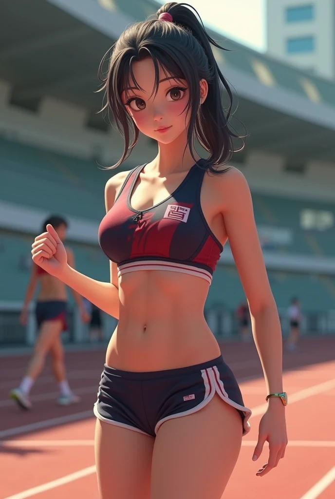 Track and field club、Female university student、1、Japanese、Cute face like an idol、Track and field clubユニフォーム、Sweating、Uniforms that expose a lot of skin、sexy、ponytail、I have a little muscle、The abdominal muscles are lightly cracked、(best quality,4K,8k,highres,masterpiece:1.2),ultra-detailed,(realistic,photorealistic,photo-realistic:1.37),HDR,uhd,studio lighting,ultra-fine painting,sharp focus,physically-based rendering,extreme detail description,professional,vivid colors,bokeh,cinematic lighting,dramatic shadow、High resolution, High-resolution model, Retina, Textured skin, Ultra high definition, accurate, Very detailed, Anatomically correct, 