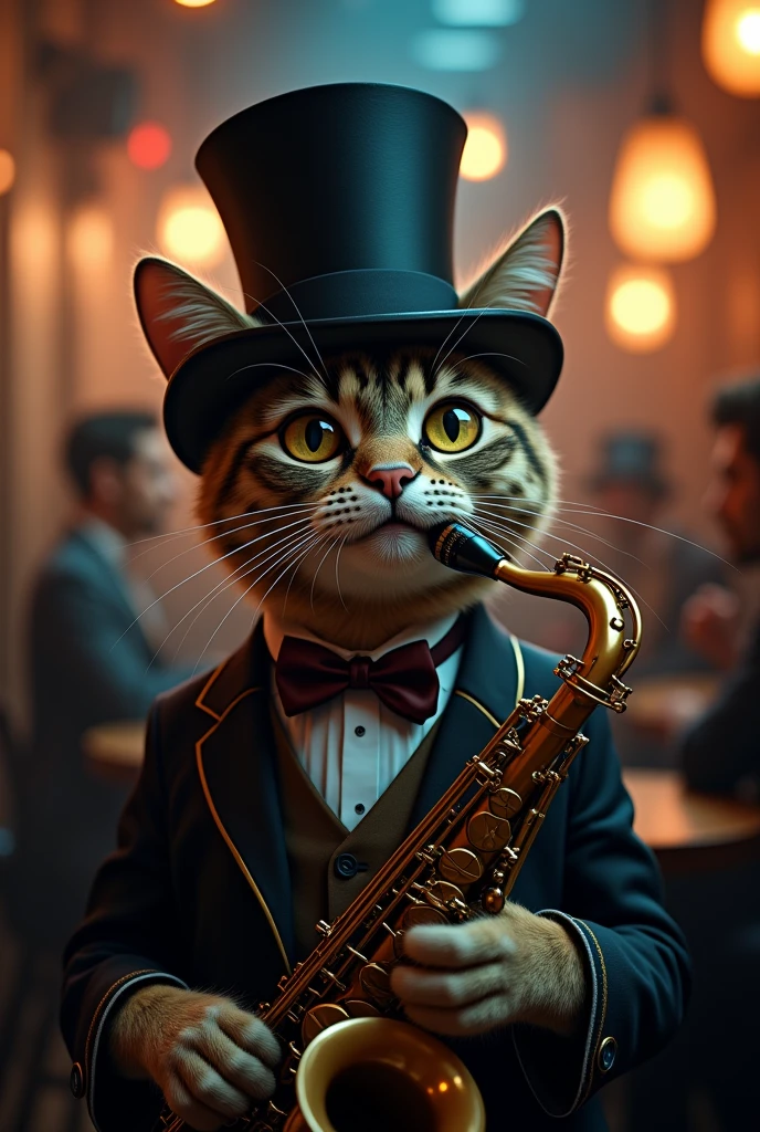 A surreal portrait of a cat wearing a top hat, playing a saxophone in a jazz club