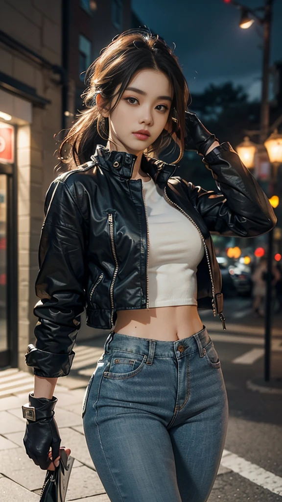 (8K, RAW Photo, Best Quality, Masterpiece: 1.2), (Realistic, Realistic: 1.37), (Perspective lens).1 Girl, beautiful model, Dynamic pose, Serious and mean expressions. Early twentieth girl. Pale white skin. realistic skin, slim body shape, extremely detailed hair, delicate sexy face, gazing away, shiny lips. tomboy, supermodel, beautiful long pony tail hair, confident eyes. stylish outfit, durable Navy jacket and Blue denim beige pants. futuristic design elements gloves, LED lights. Her overall look combines strength and elegance, with a charismatic and leadership aura. The setting is a modern, high-tech environment, Night.