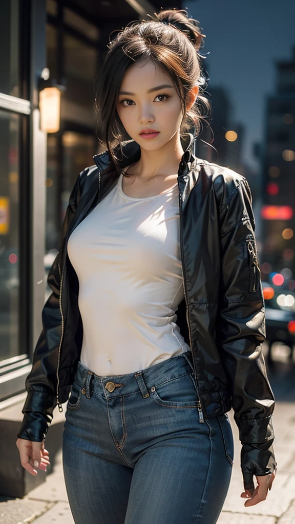(8K, RAW Photo, Best Quality, Masterpiece: 1.2), (Realistic, Realistic: 1.37), (Perspective lens).1 Girl, beautiful model, Dynamic pose, Serious and mean expressions. Early twentieth girl. Pale white skin. realistic skin, slim body shape, extremely detailed hair, delicate sexy face, gazing away, shiny lips. tomboy, supermodel, beautiful long pony tail hair, confident eyes. stylish outfit, durable Navy jacket and Blue denim beige pants. futuristic design elements gloves, LED lights. Her overall look combines strength and elegance, with a charismatic and leadership aura. The setting is a modern, high-tech environment, Night.