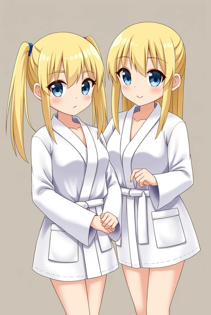 Two blonde girls with ponytails, blue eyes, The whole body was covered in a white mini robe.