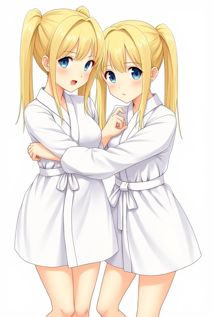 Two blonde girls with ponytails, blue eyes, The whole body was covered in a white mini robe.