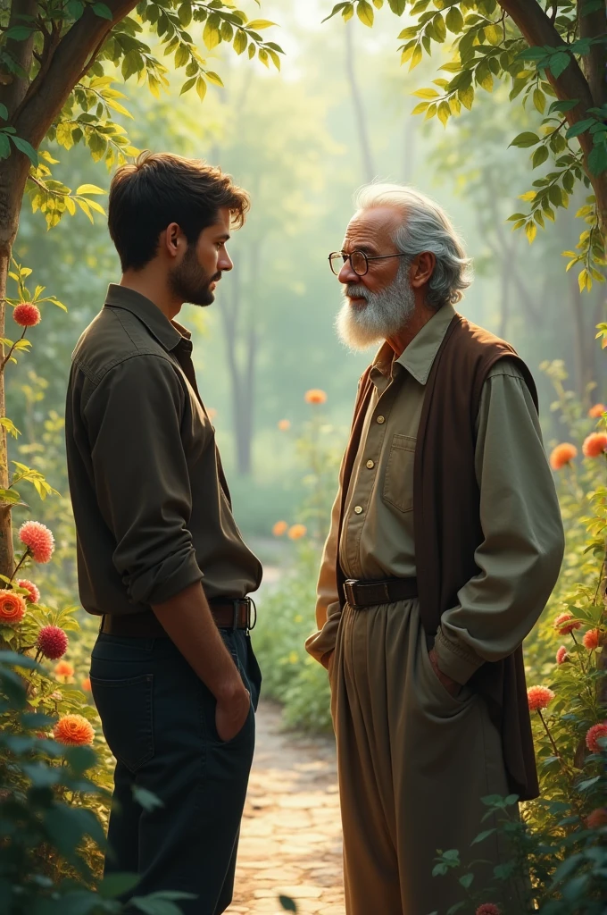 Old man is talking to someone standing in the garden