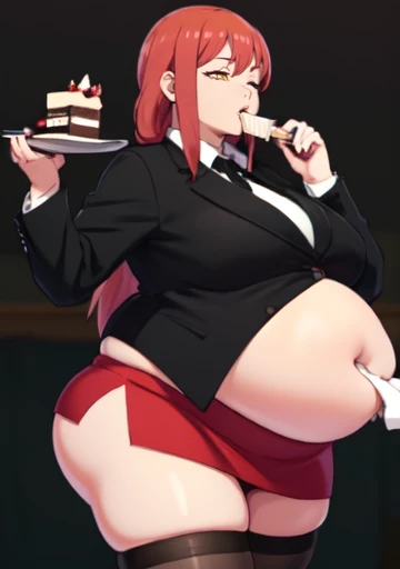 (masterpiece, best quality), 1girls, big belly, blurry background, huge belly, art by kipteitei, round belly, chubby, curvy, long hair, red hair, black mini skirt, thighhighs, simple_background, gradient_background, belly bursting out of black ,(((black suit jacket))), long sleeves, wearing a black tie, enormous belly, fat belly, thicc, bigger belly, really big belly, jiggly belly, giant huge belly, big enormous belly, ((((gigantic belly)))), bloated belly, fat belly, ginormous big belly, expanding big belly, sfw, safe for work, kneeling on bed, sfw (safe for work), makima, (((a person out of frame is feeding her cake, cake is being shoveled into her mouth, her lips are closed around a slice of cake, a platter of cake, she has her mouth open wide f))), sweating, blushing, (mouth open wide, she is saying aaah), ((her belly is being grabbed and played with by floating hands))
