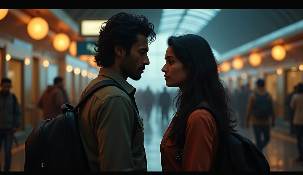 Emotional Decision: A dramatic scene where Ravi and Simmi are parting ways, both with heavy hearts, standing in front of a bus or train station, with Simmi about to leave for the