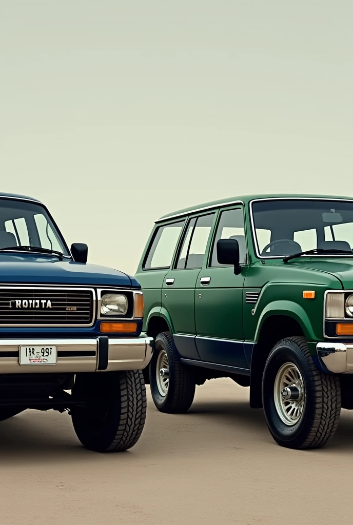 A 1996 Toyota Prado 90 series in Green next to a 1996 Toyota Prado 90 series in Blue and Gold. 