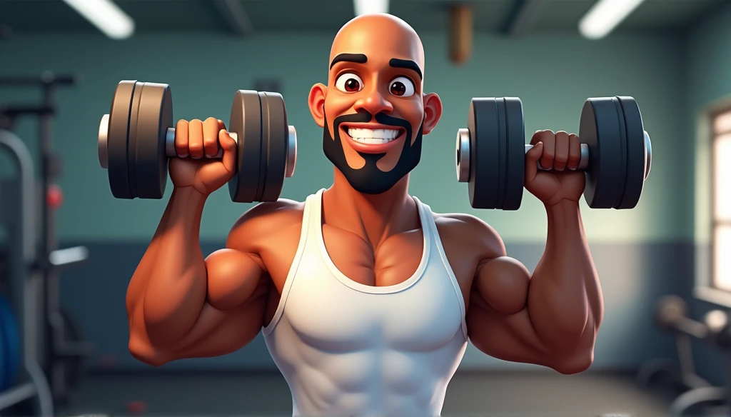 （logo coach Lucio） pixar style cartoon logo promoting logo Coach Lucio an 1  bald black man confident smile, white tank top, holding dumbbells, gym background , evoking a sense of energy, strength, and motivation, physique 
