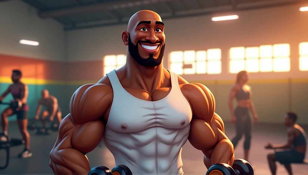 (logo coach Lucio) pixar style cartoon logo promoting logo Coach Lucio an 1 bald black man confident smile, white tank top, holding dumbbells, gym background , evoking a sense of energy, strength, and motivation, physique