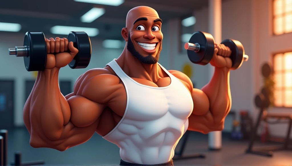 (logo coach Lucio) pixar style cartoon logo promoting logo Coach Lucio an 1 bald black man confident smile, white tank top, holding dumbbells, gym background , evoking a sense of energy, strength, and motivation, physique