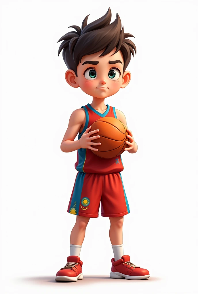 ((officially)) ((masterpiece)) ((Best quality)) ((detailed)) cartoon boy basketball player with ball in uniform with emblem flag of Kazakhstan on white background