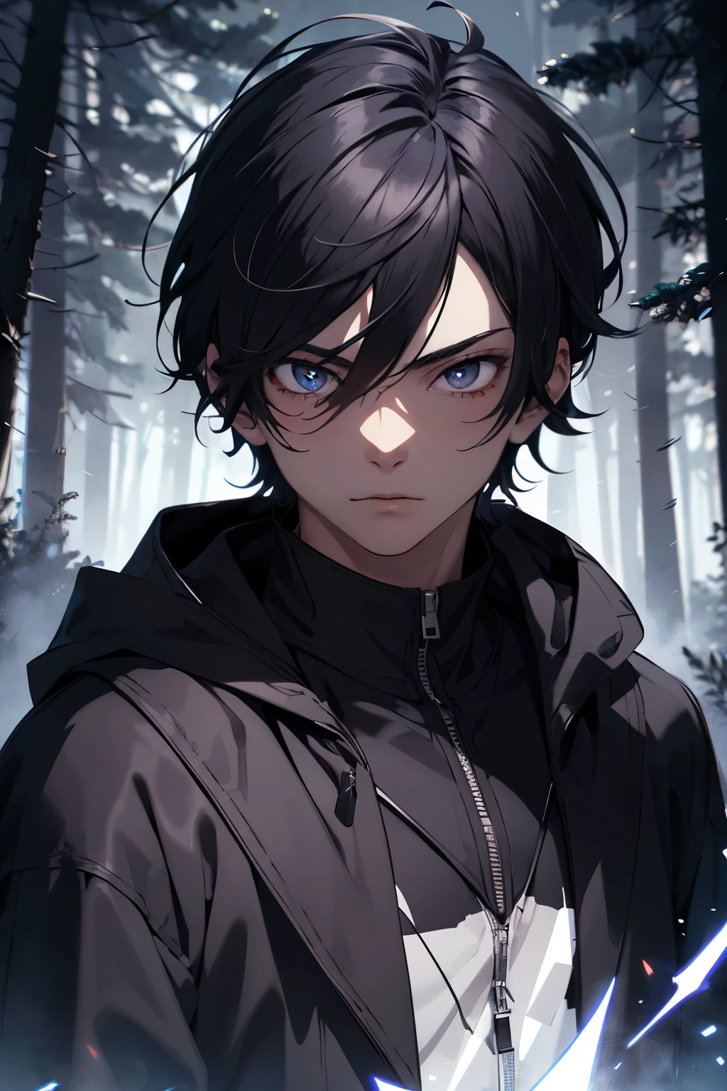 Ridiculous resolution, high resolution, (masterpiece:1.4), Hyper-detailing, 1 anime boy , no emotion face , detailed eyes , black and purple cloak, stong body, dark forest background, in Dark Night, black hairs