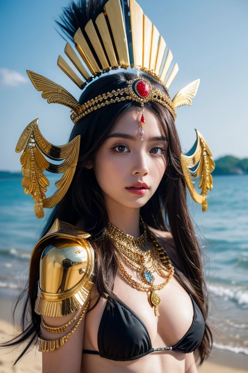 Godness, A stunning, hyperrealistic portrait of a beautiful woman in a white warrior bikini and ornate iron headdress, standing on a beach. The detailed face resembles that of a goddess, and the armor is exquisitely crafted, masterpiece, maxium resolution, vivids, 48K