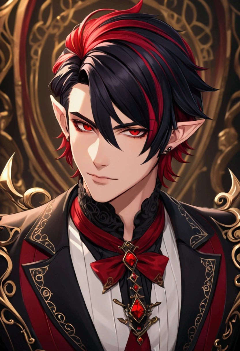 ,Lilia Vanrouge Twisted Wonderland,One boy,Black Hair, Striped red hair,Multicolored Hair,Dark red eyes,Pointed Ears, Male Focus, View your viewers,Highest quality, 8K