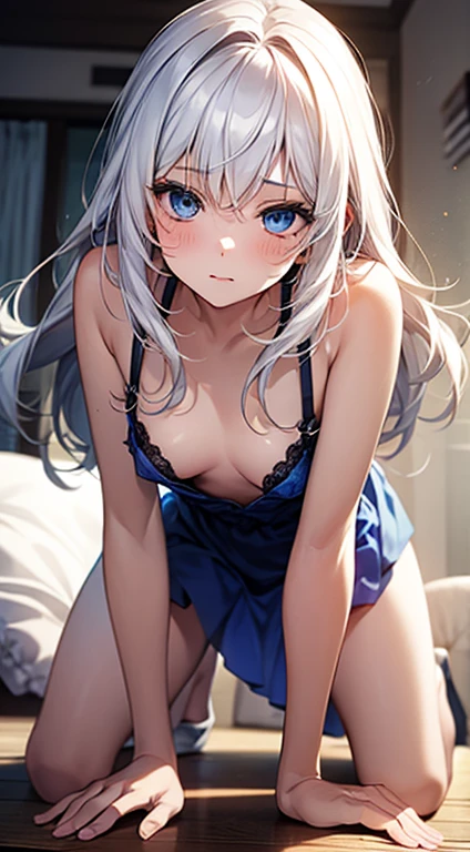 1_girl, Long white hair, Blue Eyes, Small breasts, Sexy pose wearing white, cushion, Lots of light, On all fours、Ride a Rocking Horse、White liquid on the face、Pose of jumping on man&#39;s face、Stick your butt out、I can see the nipples、