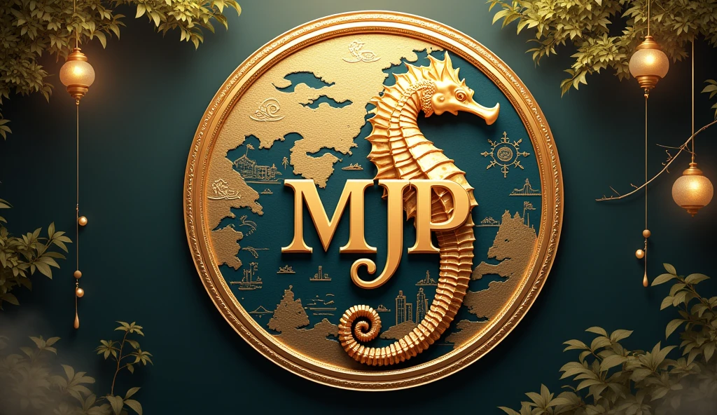 A logo design was created with the letters MJP in the center.。Japanese floating painting style、Seahorse Design. Japanese style、Japanese-style、high quality, A luxurious image. In the center is a map of Japan、Malaysia map hidden..
All designs are housed in luxurious gold frames