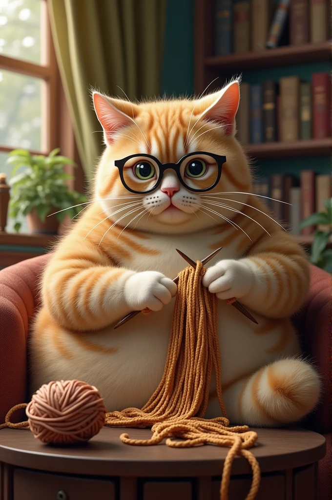 A fat cat wearing glasses is sitting and knitting.