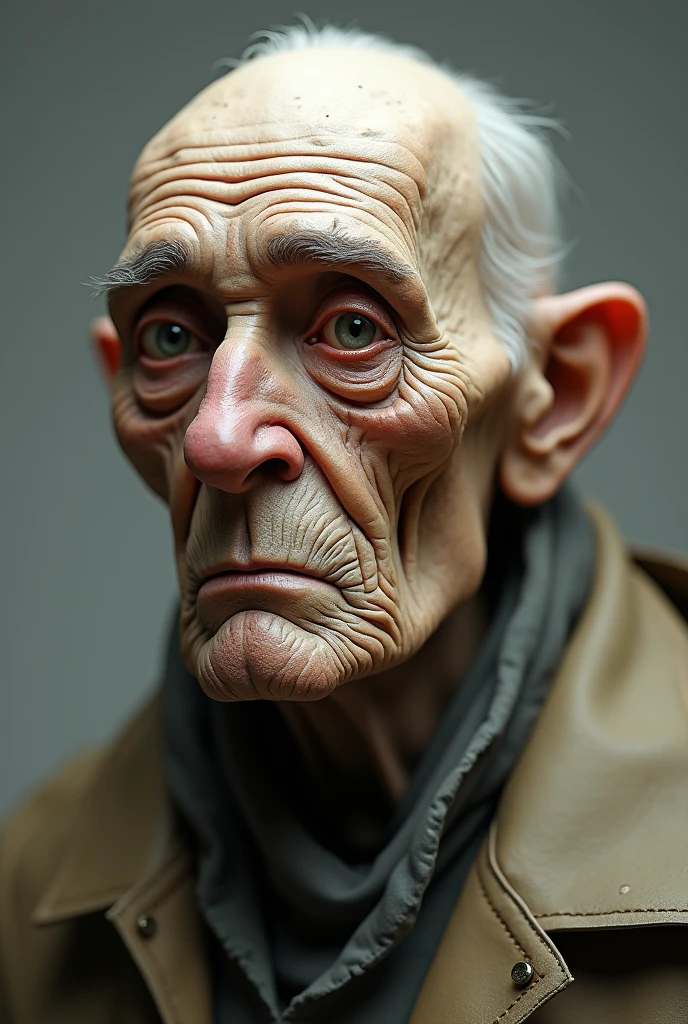 Create an AI character with aged features and shriveled skin. The character should have a wise, distinguished appearance with wrinkles, age spots, and a textured skin surface. Include elements that suggest experience and knowledge, such as a thoughtful expression or subtle signs of wisdom. The background should be neutral or minimal to keep the focus on the character's detailed features