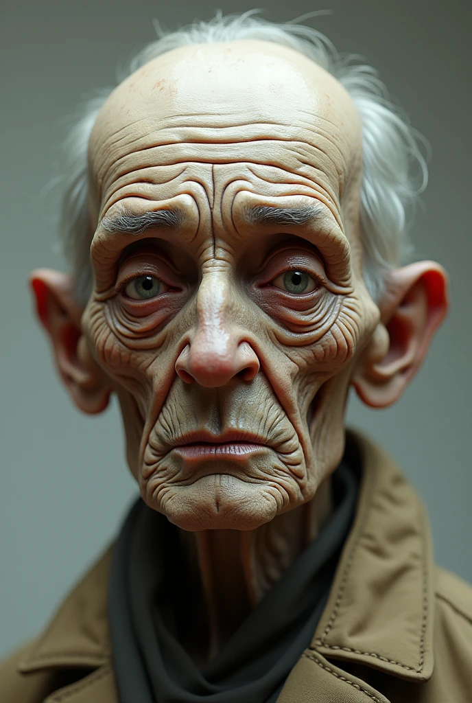Create an AI character with aged features and shriveled skin. The character should have a wise, distinguished appearance with wrinkles, age spots, and a textured skin surface. Include elements that suggest experience and knowledge, such as a thoughtful expression or subtle signs of wisdom. The background should be neutral or minimal to keep the focus on the character's detailed features