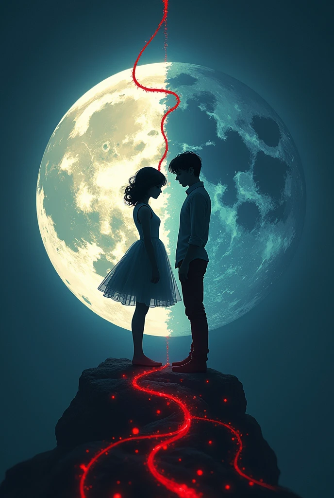 Half of the moon with a girl silhouette and another half of the moon with boy silhouette and a red string connected the boy and girls