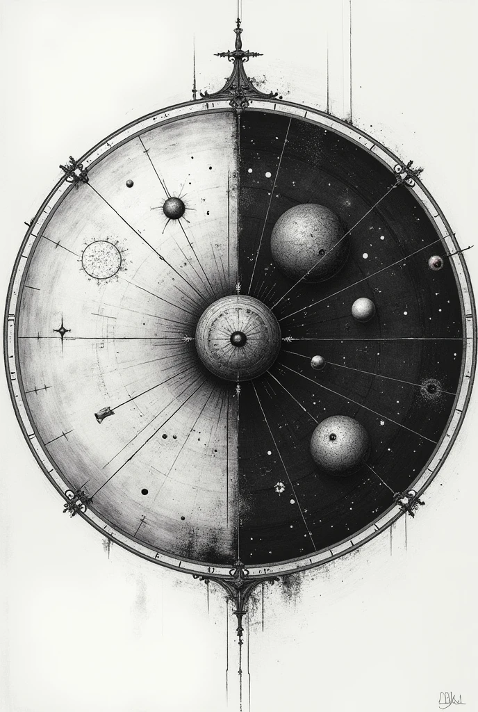 Generates a realistic planisphere image in the smallest details, black and white, with a ruined effect and a circular line in the background, an ink effect, half a planisphere 