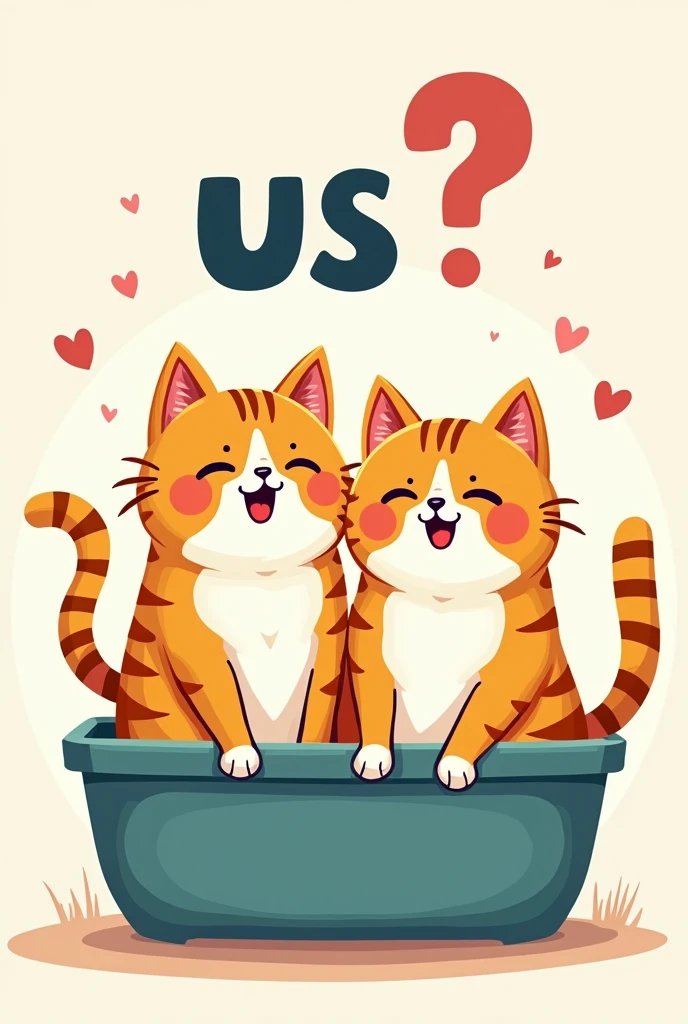 Two happy cats sitting in a litter box. Above as overlay as text "US?". Bild im Cartoon Style.