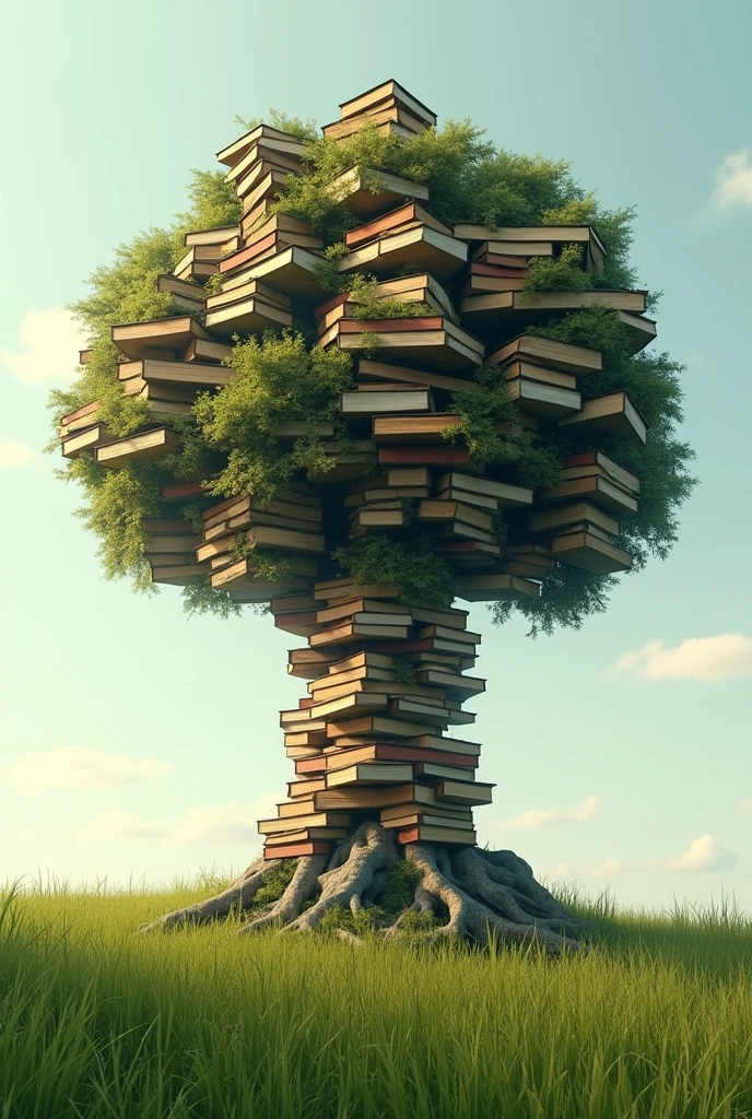An abstract image of a tree with books as leaves and grass on the land, symbolizing growth and knowledge, with the caption “ ROOTED IN EXCELLENCE ”.