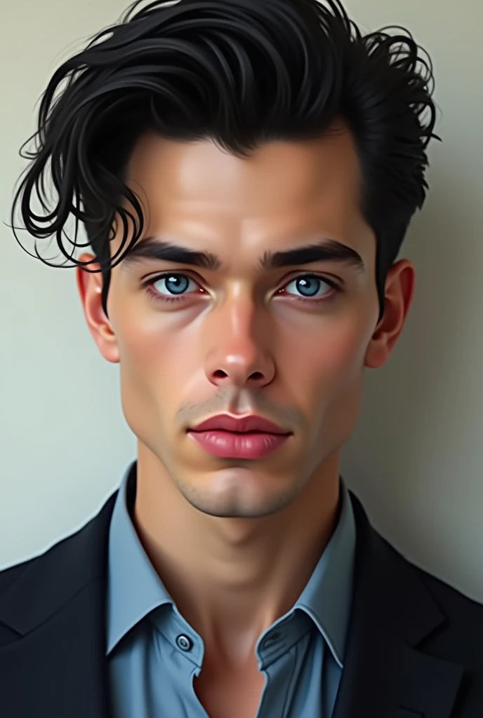 Very handsome man with piercing navy blue eyes and black hair, bushy eyebrows, Tez blanca, turned up nose and carmine colored lips.