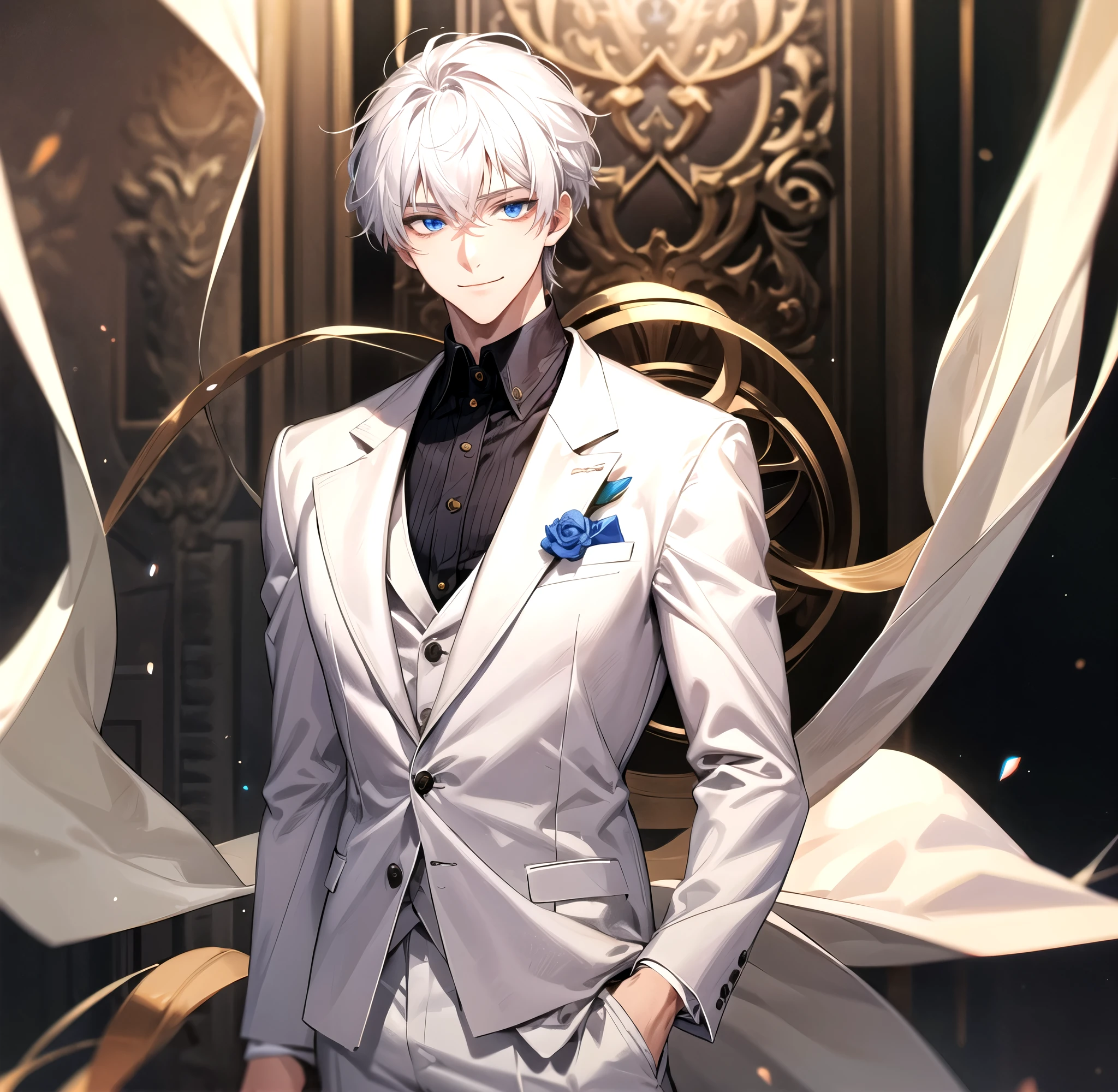 A handsome guy with blue eyes and white hair, modern era, a smile, bust, white suit
