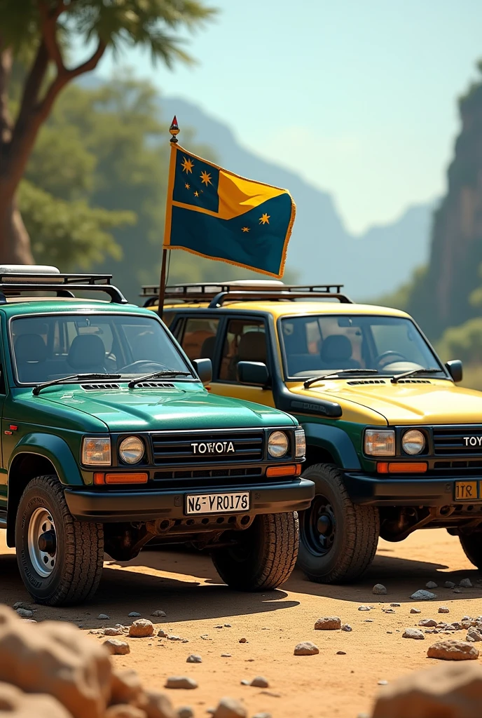 A 1996 Toyota Prado 90 series in Green next to a 1996 Toyota Prado 90 series in Blue and Gold carrying a Papua New Guinea flag.