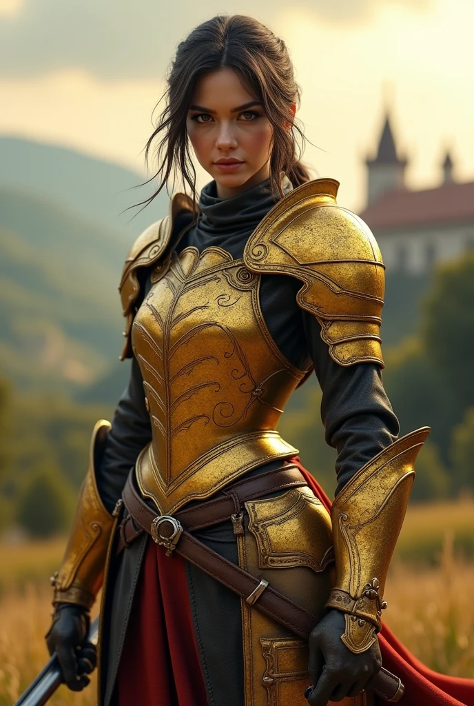 What Indiana Jones would look like as a woman dressed in the armor of the Polish Winged Hussars (golden in color) in the Middle Ages and in action pose