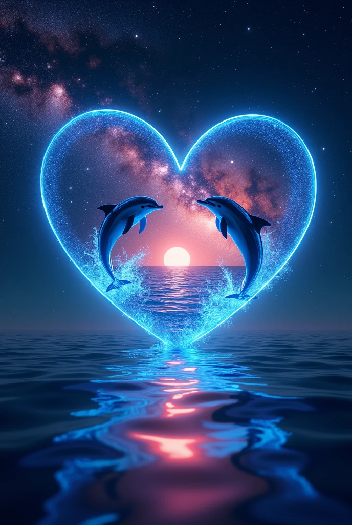 A sparkling open heart object、romantic、photograph、Panorama、Neon color、Bright colors、Ultra-high resolution、
Inside the open heart is a picture of the ocean、Countless stars in the background、The overall image is dark, but the heart-shaped object shines brightly.、
A sky studded with stars、Dolphins jumping in the sea、The water surface reflects accurately、The stars are realistic and lively、