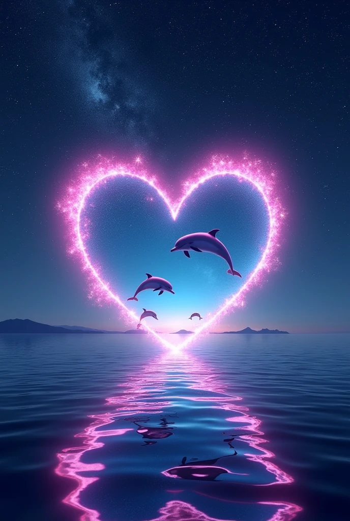 A sparkling open heart object、romantic、photograph、Panorama、Neon color、Bright colors、Ultra-high resolution、
Inside the open heart is a picture of the ocean、Countless stars in the background、The overall image is dark, but the heart-shaped object shines brightly.、
A sky studded with stars、Dolphins jumping in the sea、The water surface reflects accurately、The stars are realistic and lively、