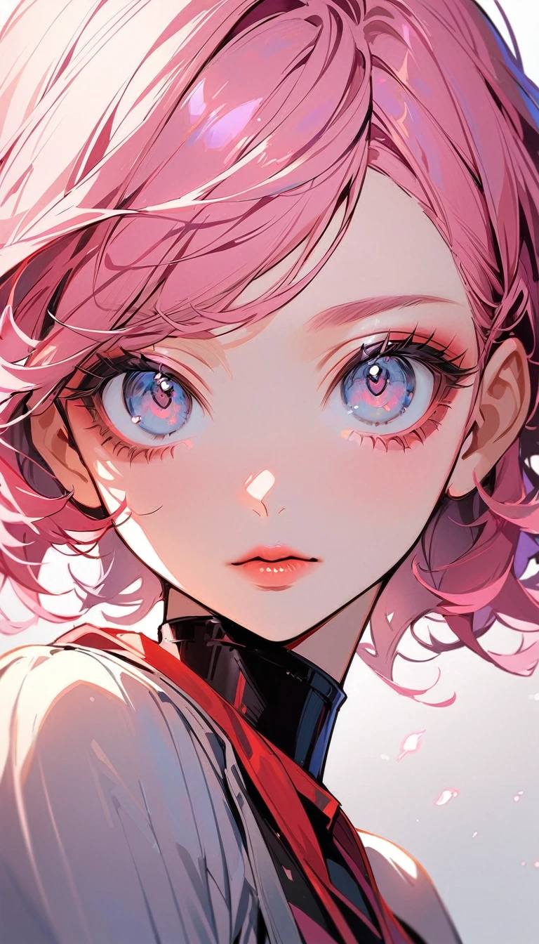 1woman, solo, pink hair, gray eyes, detailed eyes, eyelashes, light lips, 25years old, キス待ち顔, (upper body:1.3), from above