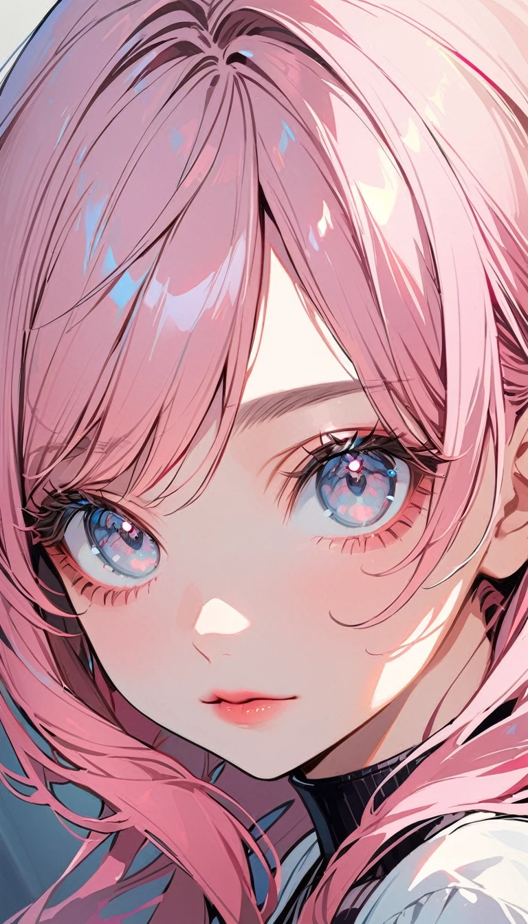 1woman, solo, pink hair, gray eyes, detailed eyes, eyelashes, light lips, 25years old, キス待ち顔, (upper body:1.3), from above