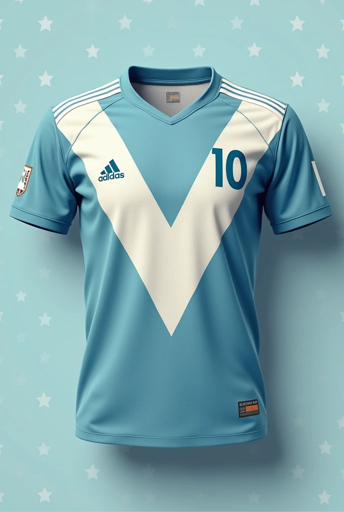 Create a jersey design with following ideas
Colors: Use a lighter, vintage blue with white accents.
Design Elements: Incorporate retro-inspired elements like bold, blocky numbers and letters. Add a white, V-shaped stripe or a zigzag pattern across the chest, reminiscent of classic sports jerseys from the 70s or 80s.
Extras: Consider adding a subtle, repeated pattern like small stars or diamonds in the background to give it a vintage feel.