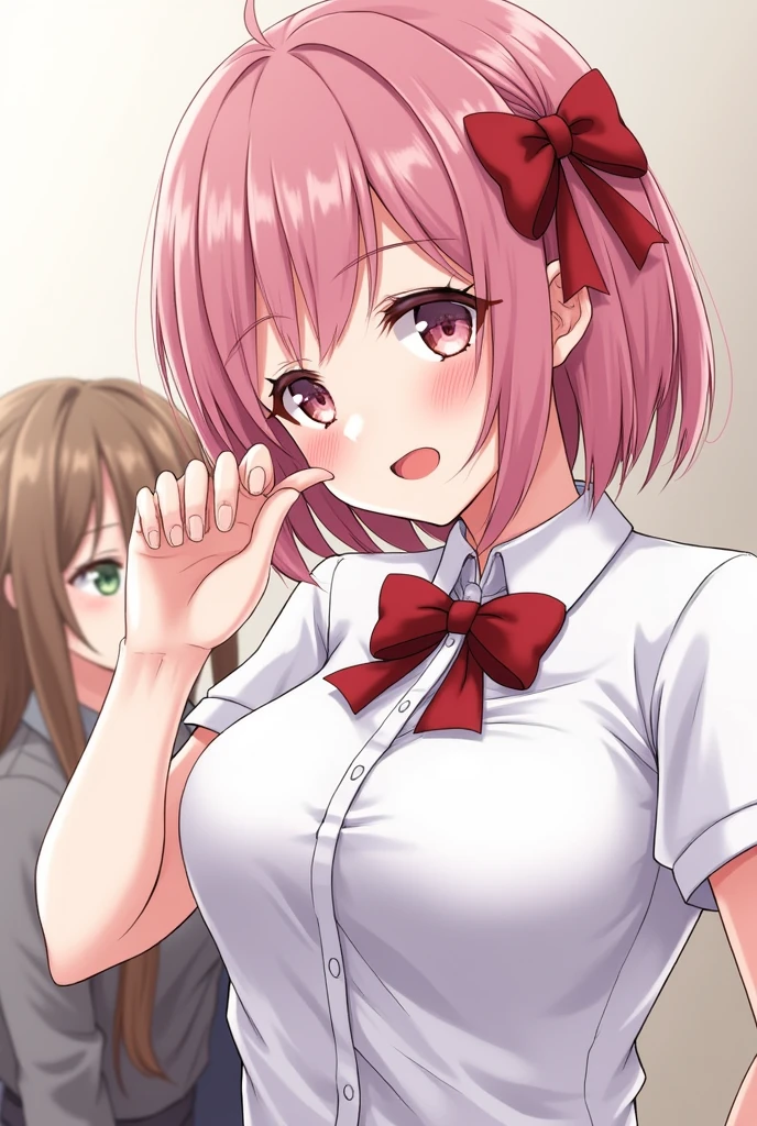 One girl, Large Breasts, Shortcuts, High resolution, masterpiece, Blushing, Close your mouth, Open your mouth a little, ribbon, Simple Background, Anime girl with bow tie and man with bow tie, Manga by Honoohito, Pixiv, Tachismo, Half Yamada, Anime Moe Art Style, Hololive, Naughty style, Kantai Collection Style, , Naughty anime style, Naughty, yuruyuri, Gap Moe Yandere